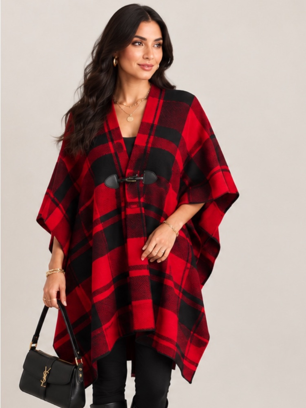 Tommy Hilfiger Chic Red and Black Plaid Poncho toggle closure.